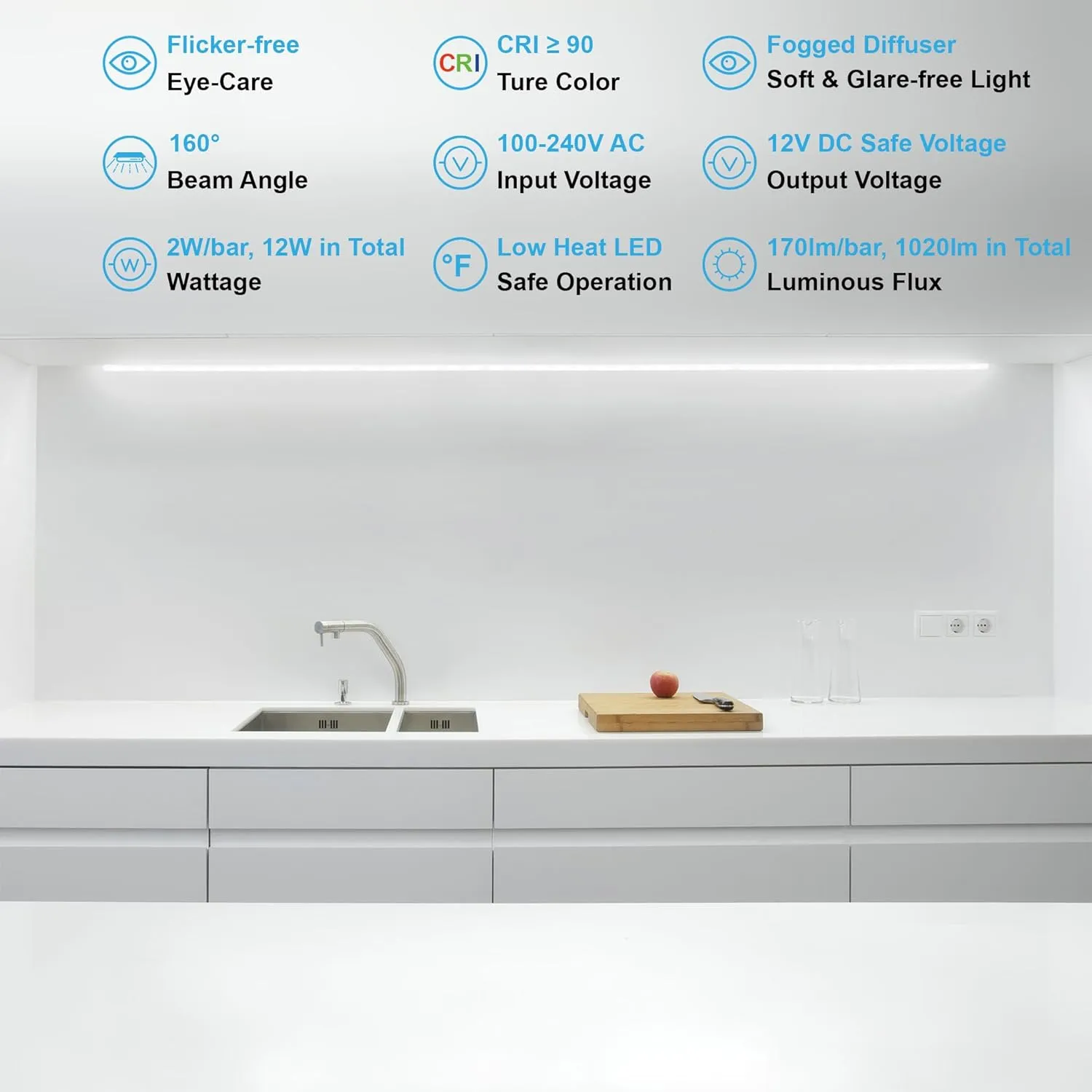 Motion Sensor Under Cabinet Lights, Plug in, Seamlessly Linkable, 6 Pcs 12 Inch Bars, Under Counter Lighting for Kitchen, Closet, Gun Safe, Shelf, Display Case, LED 5000k Daylight