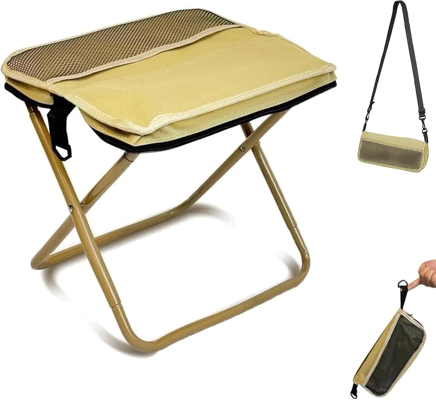 Mountaineering and Hiking Portable Stool, 1.5lbs Ultra Light Foldable,Portable Folding Camping Stool,Pocket Handbag Stools for Hiking and Fishing, to 330 Lbs (Khaki)