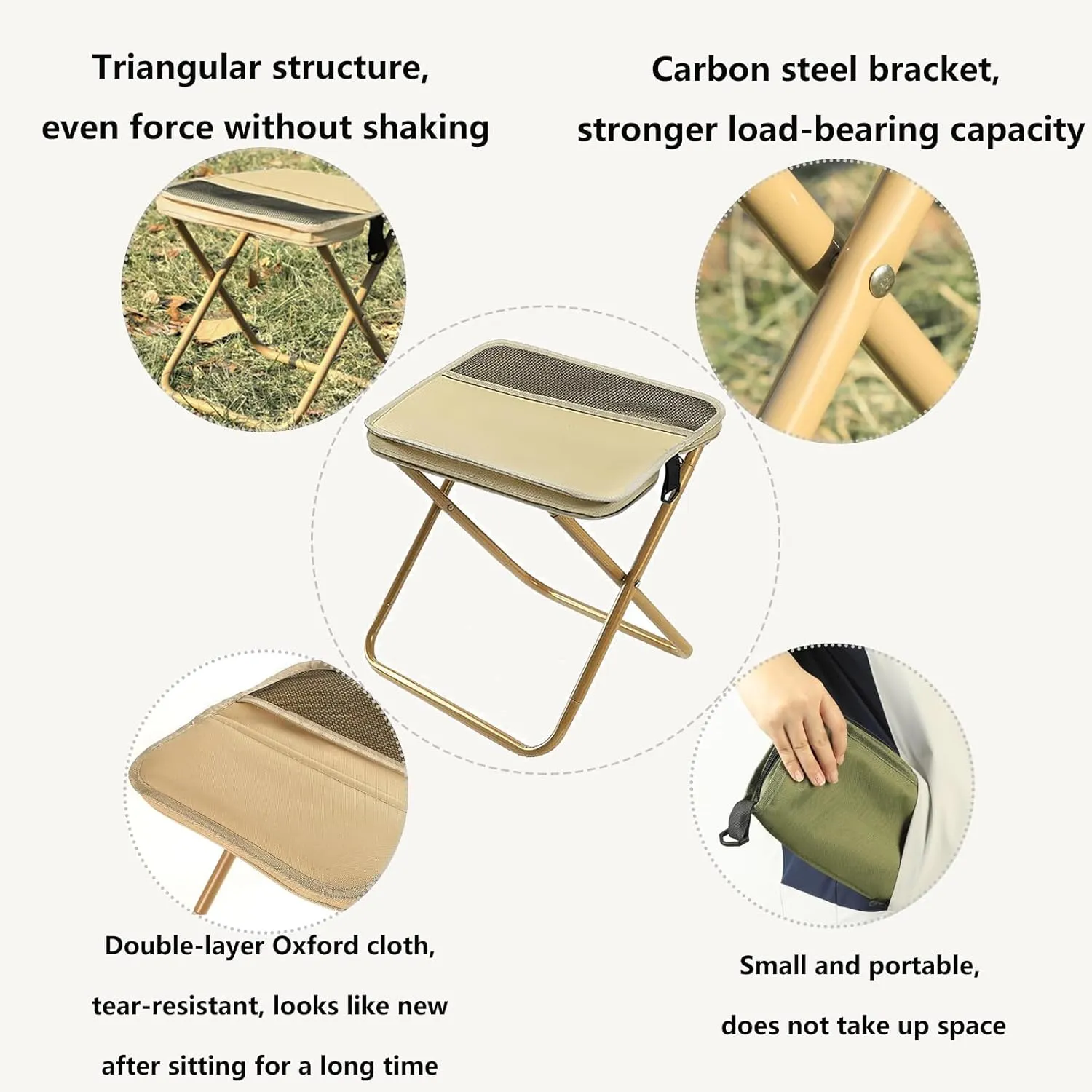 Mountaineering and Hiking Portable Stool, 1.5lbs Ultra Light Foldable,Portable Folding Camping Stool,Pocket Handbag Stools for Hiking and Fishing, to 330 Lbs (Khaki)