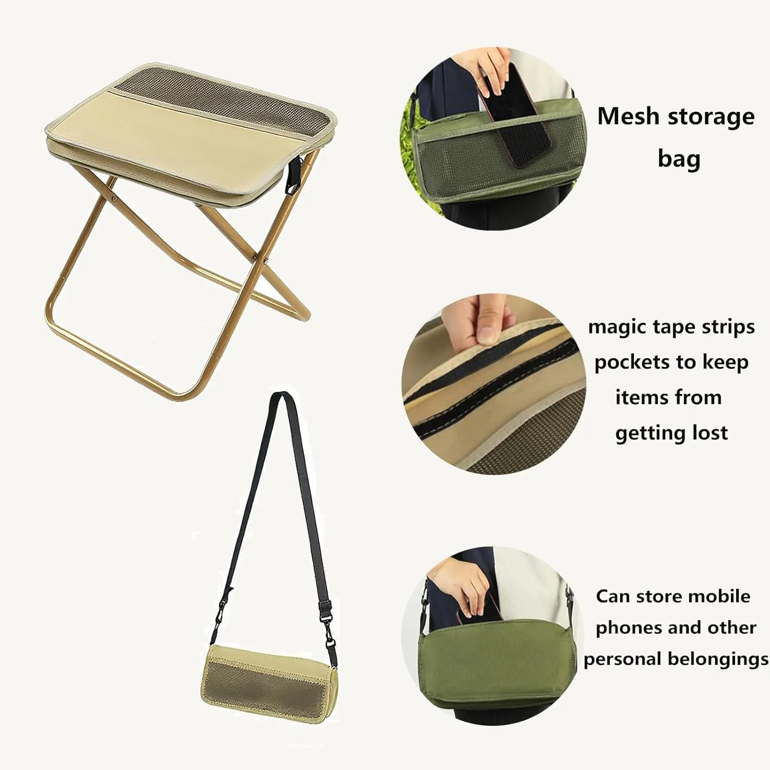 Mountaineering and Hiking Portable Stool, 1.5lbs Ultra Light Foldable,Portable Folding Camping Stool,Pocket Handbag Stools for Hiking and Fishing, to 330 Lbs (Khaki)