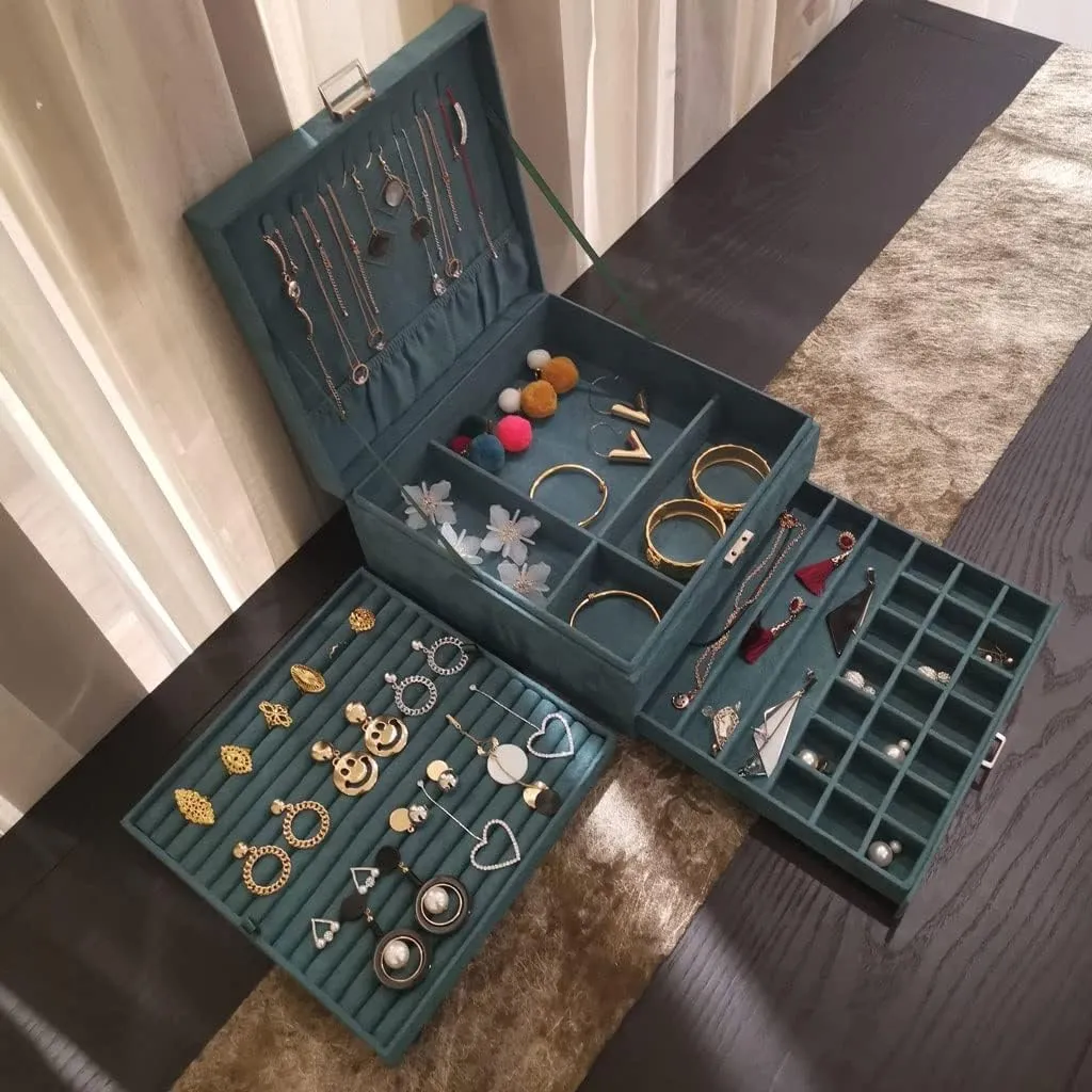 MUSUMI Jewelry Box 3-Layer Jewelry Box Storage Box Necklace Ring Bracelet Bracelet Earrings Watch Jewelry Storage Box Velvet Jewelry Box Jewelry Box Organizer (Navy Blue)