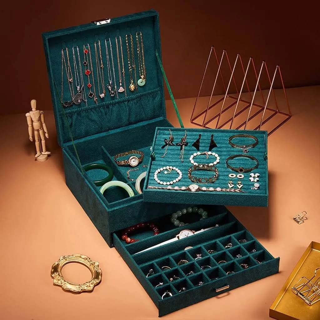 MUSUMI Jewelry Box 3-Layer Jewelry Box Storage Box Necklace Ring Bracelet Bracelet Earrings Watch Jewelry Storage Box Velvet Jewelry Box Jewelry Box Organizer (Navy Blue)