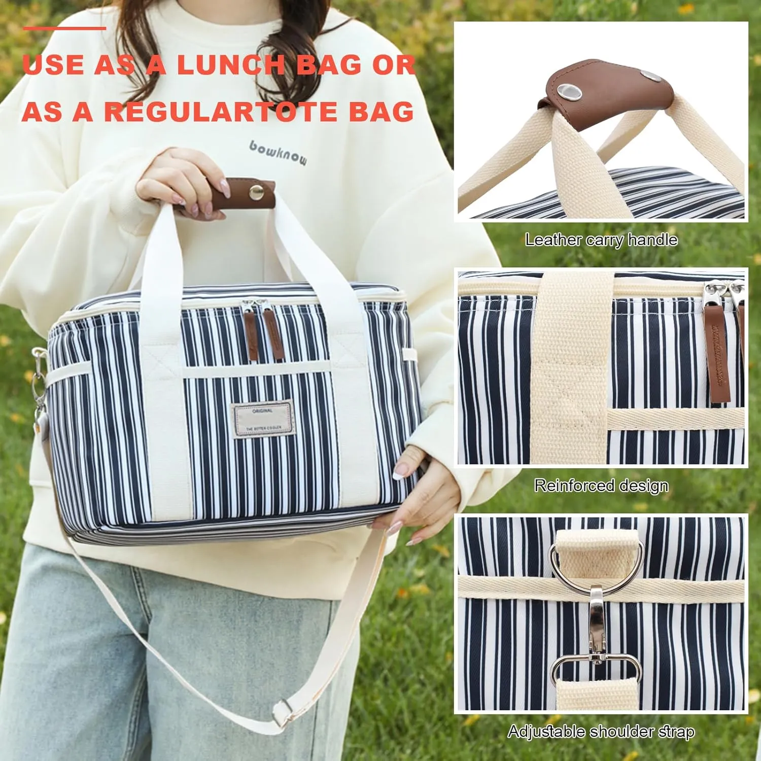 Nanxson 15L/29L Extra Large Insulated Lunch Bag for Women Adult Reusable Leakproof Picnic Lunch Box Freezable Cooler Tote Bag (15L,A-Navy Stripe)
