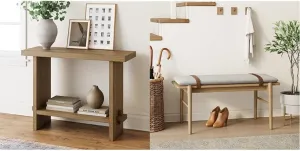 Nathan James Virgo Wood Accent Storage Console Sofa Table, for Entryway, Hallway or Living Room & Gugan Mid-Century Wood Entryway Bench Seat, Dining Room, Light Brown/Ivory