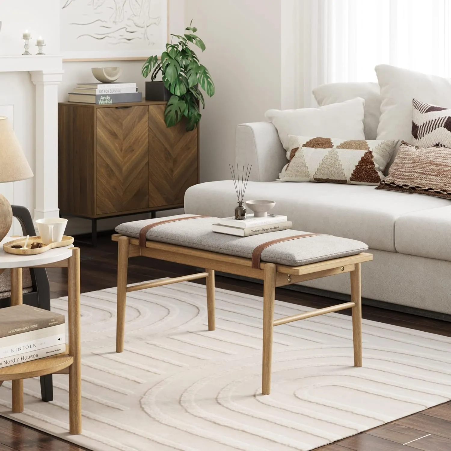 Nathan James Virgo Wood Accent Storage Console Sofa Table, for Entryway, Hallway or Living Room & Gugan Mid-Century Wood Entryway Bench Seat, Dining Room, Light Brown/Ivory