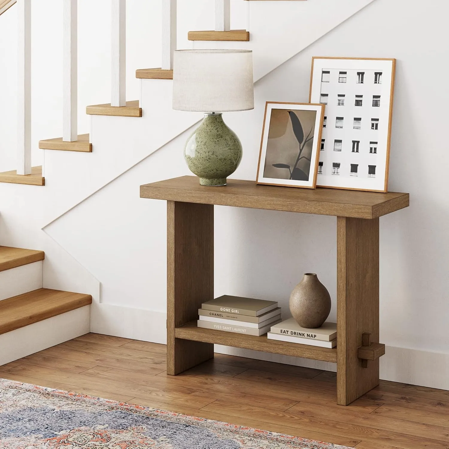 Nathan James Virgo Wood Accent Storage Console Sofa Table, for Entryway, Hallway or Living Room & Gugan Mid-Century Wood Entryway Bench Seat, Dining Room, Light Brown/Ivory