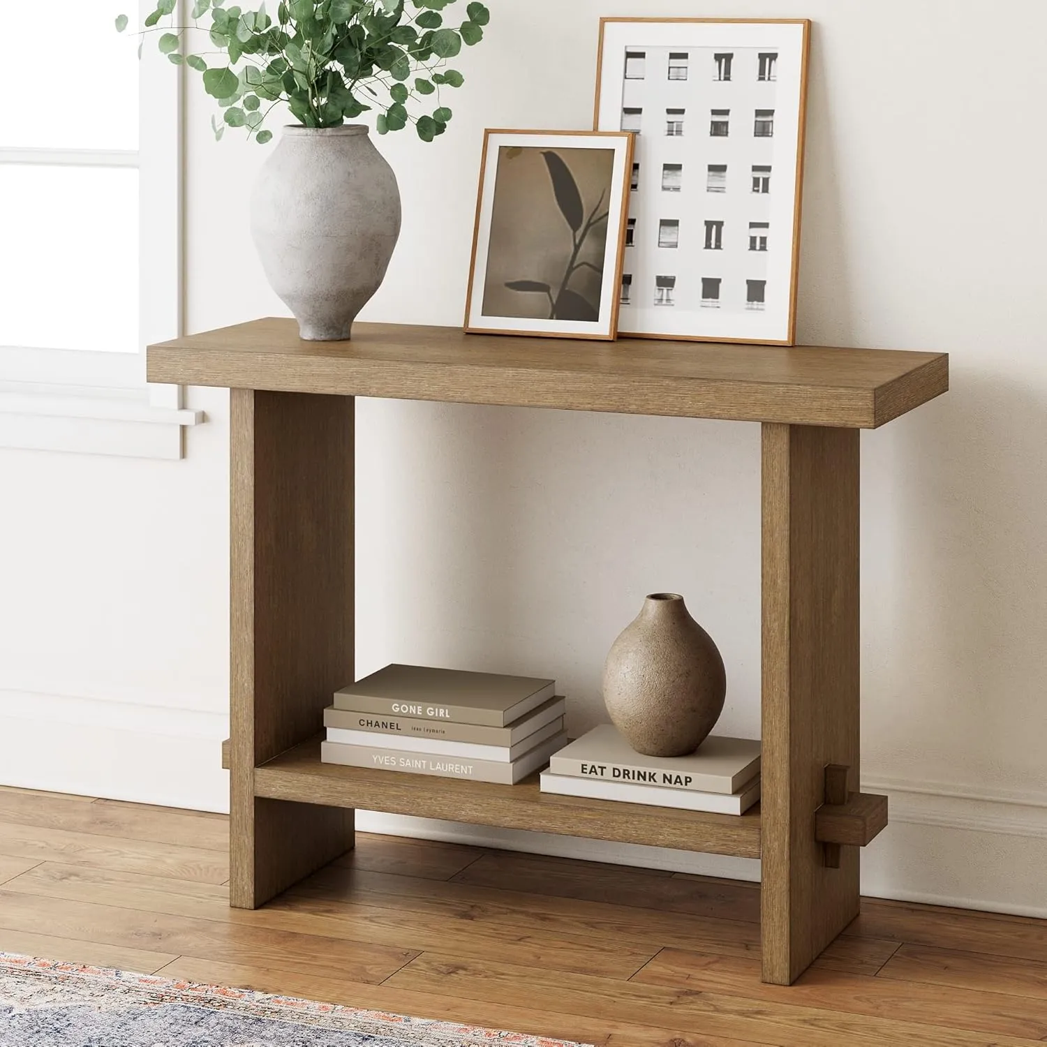 Nathan James Virgo Wood Accent Storage Console Sofa Table, for Entryway, Hallway or Living Room & Gugan Mid-Century Wood Entryway Bench Seat, Dining Room, Light Brown/Ivory