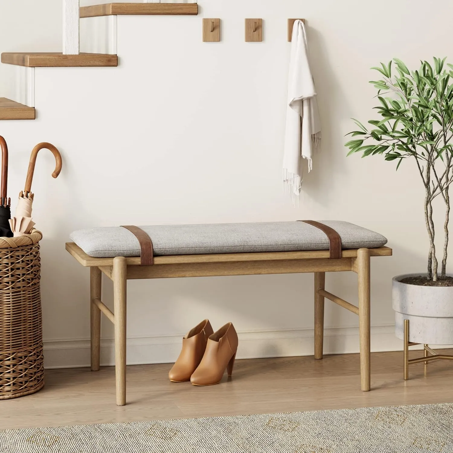Nathan James Virgo Wood Accent Storage Console Sofa Table, for Entryway, Hallway or Living Room & Gugan Mid-Century Wood Entryway Bench Seat, Dining Room, Light Brown/Ivory