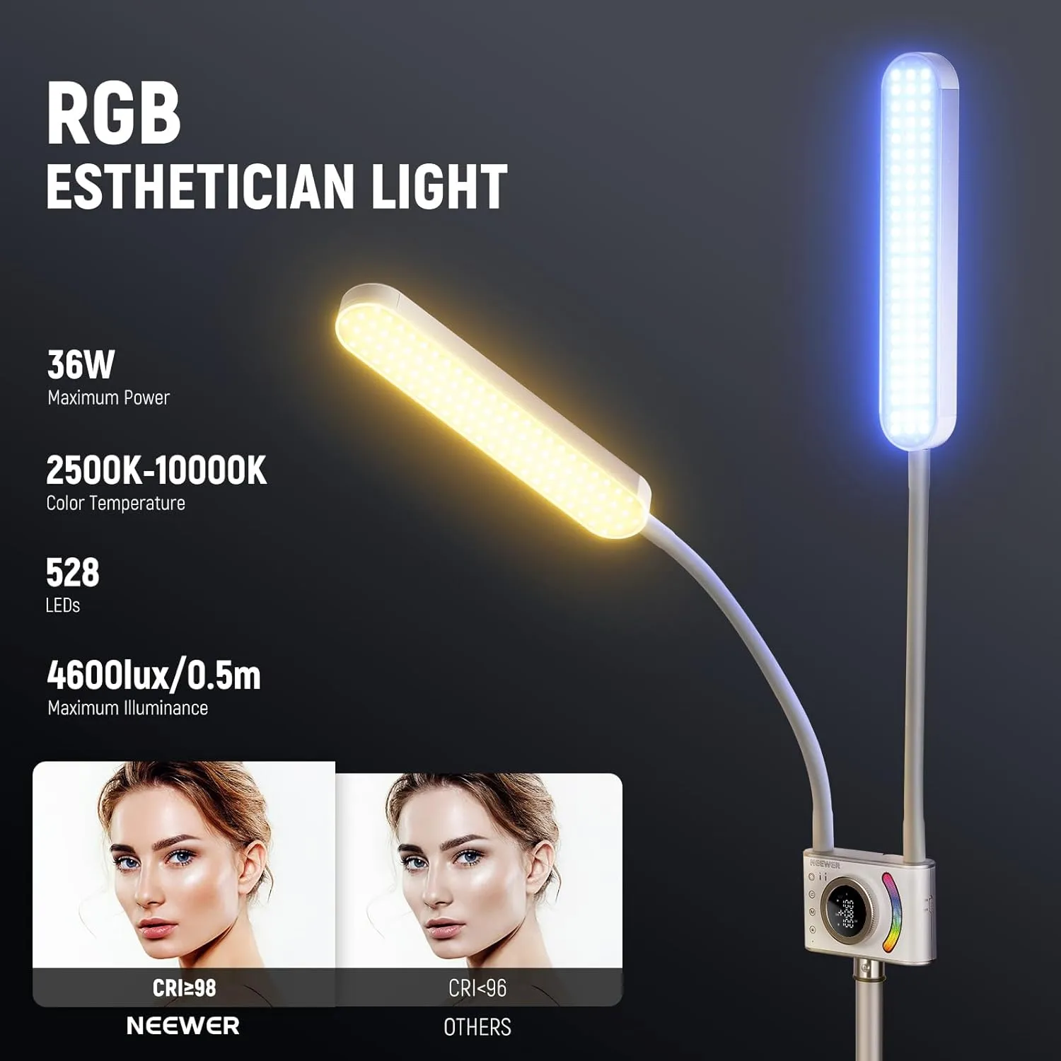 NEEWER RGB Esthetician Light Kit Upgraded with Phone APP Control/Touch Bar, Separate Control Dual Arm LED Video Light w Phone Holder/Stand/Travel Bag, 2500K-10000K 18 Scenes for Tattoo Lash, BH40C