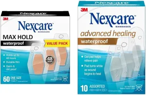 Nexcare Waterproof Bandages Bundle - 60 Max Hold for 48 Hours   10 Advanced Healing Assorted Sizes