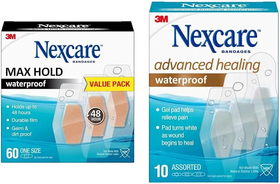 Nexcare Waterproof Bandages Bundle - 60 Max Hold for 48 Hours   10 Advanced Healing Assorted Sizes