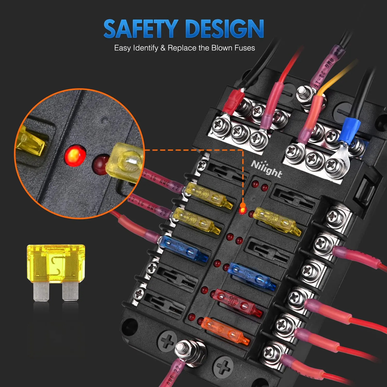 Nilight - 50056L 12 Way Blade Fuse Block 12 Circuits with Negative Bus Fuse Box Holder with LED Indicator ATO/ATC Fuse Panel Waterproof Cover for 12V Automotive Cars, Marine Boats, RVs, Trailers