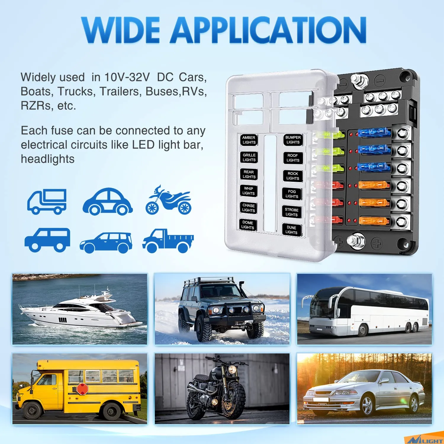Nilight - 50056L 12 Way Blade Fuse Block 12 Circuits with Negative Bus Fuse Box Holder with LED Indicator ATO/ATC Fuse Panel Waterproof Cover for 12V Automotive Cars, Marine Boats, RVs, Trailers