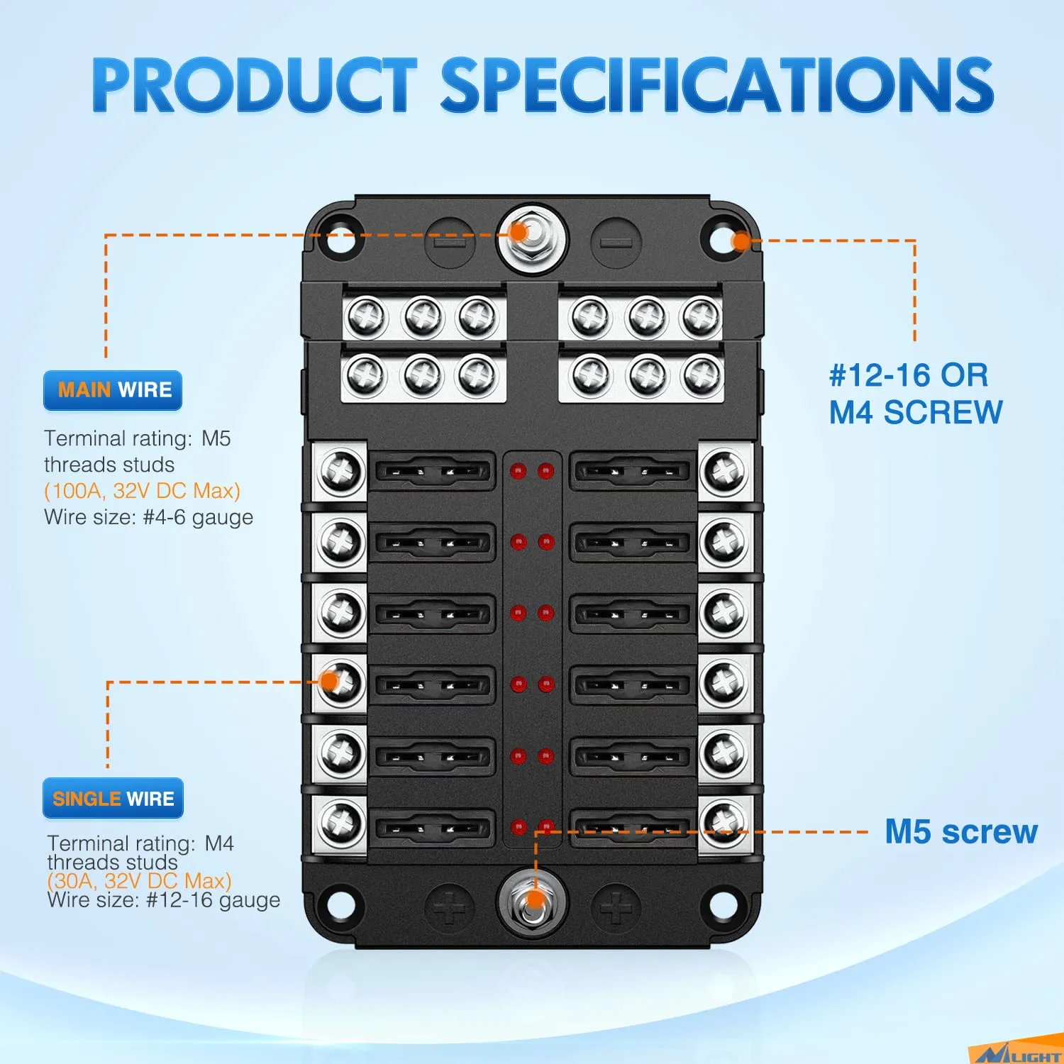 Nilight - 50056L 12 Way Blade Fuse Block 12 Circuits with Negative Bus Fuse Box Holder with LED Indicator ATO/ATC Fuse Panel Waterproof Cover for 12V Automotive Cars, Marine Boats, RVs, Trailers