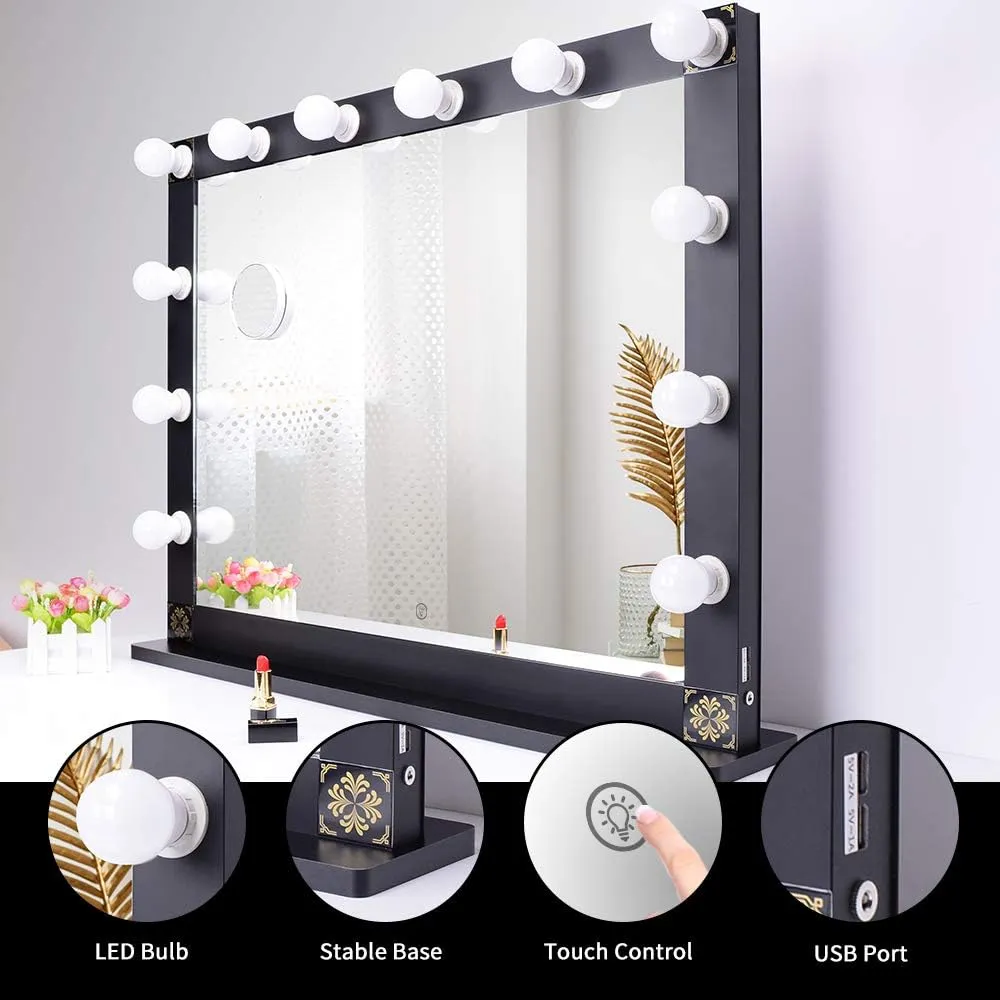 Nitin Hollywood Lighted Vanity Mirror, Tabletop Makeup Mirror with 12 Dimmer LED Bulbs, Large Dressing Cosmetic Mirror(Black)
