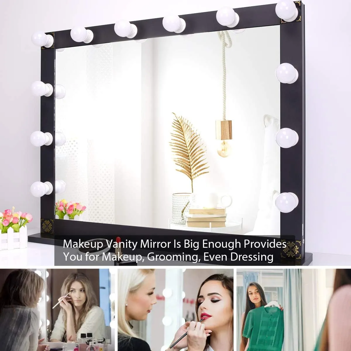 Nitin Hollywood Lighted Vanity Mirror, Tabletop Makeup Mirror with 12 Dimmer LED Bulbs, Large Dressing Cosmetic Mirror(Black)