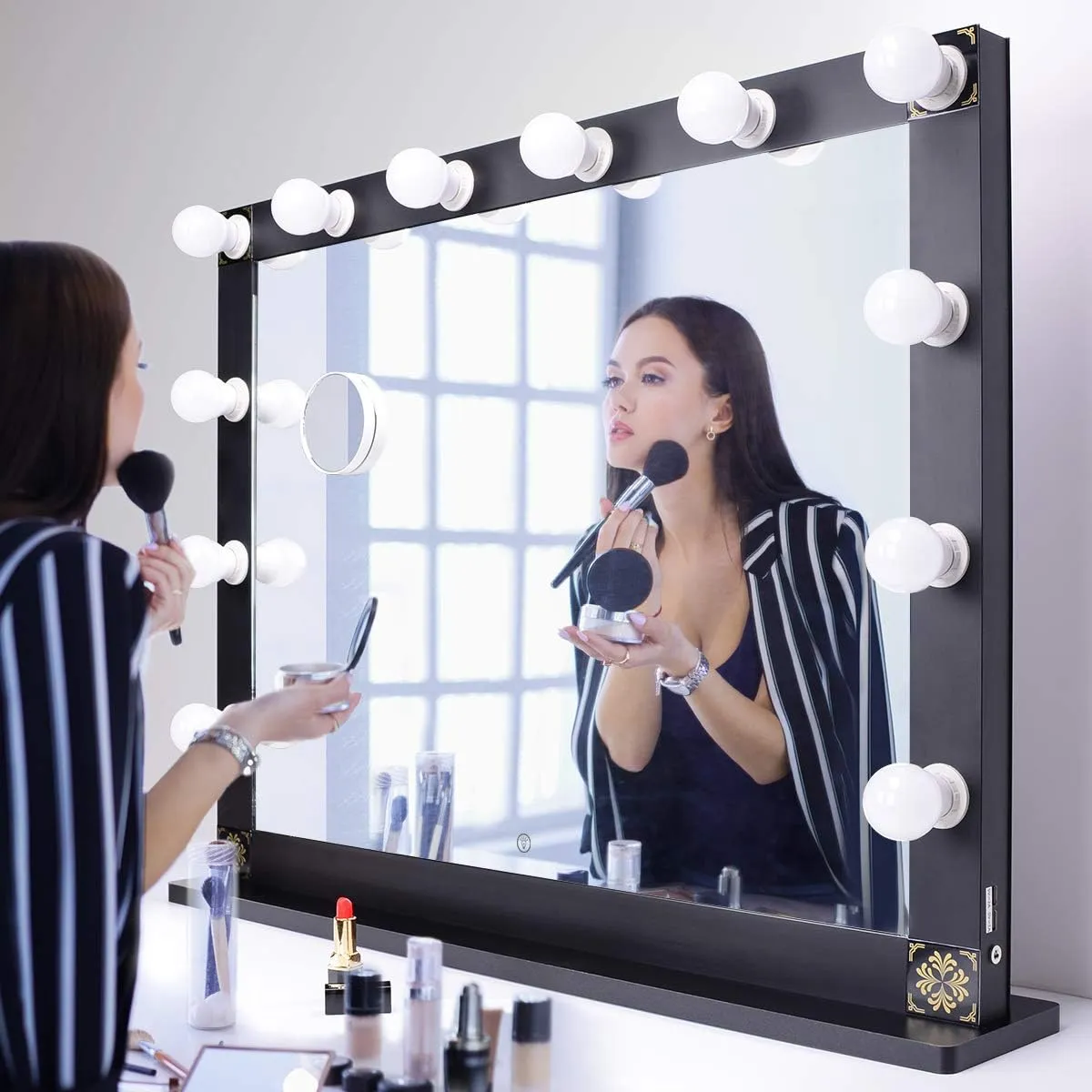 Nitin Hollywood Lighted Vanity Mirror, Tabletop Makeup Mirror with 12 Dimmer LED Bulbs, Large Dressing Cosmetic Mirror(Black)