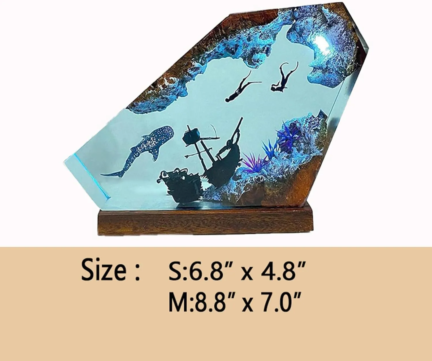 Ocean Creative Epoxy Resin Wood Light Lamp, Handmade Multi Color Aquatic Ocean Lamp Deep Sea Diver Cave Diving Enthusiasts Led Night Light Desktop Decor Christmas Birthday Gift (Couple Diver, S)
