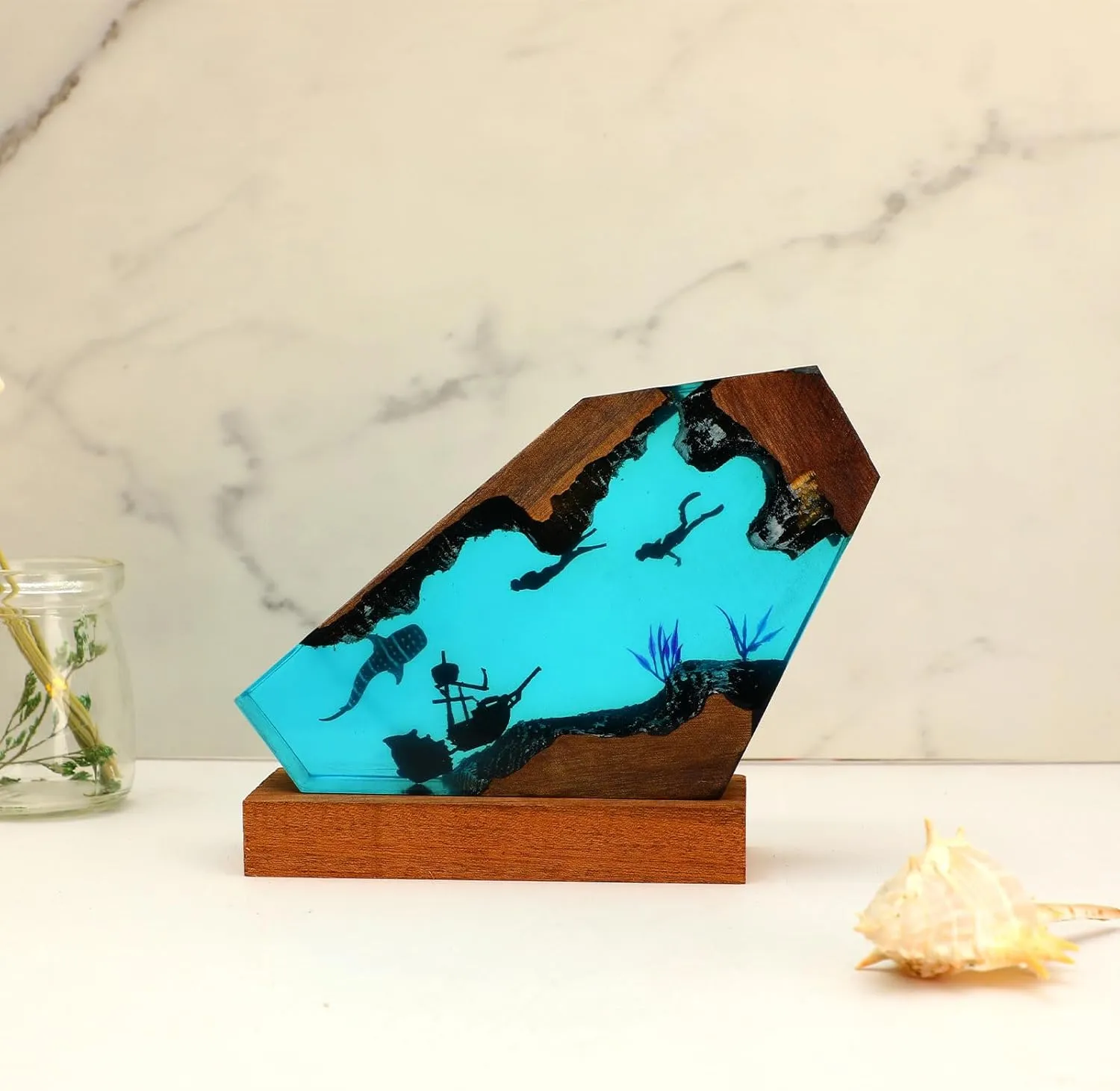 Ocean Creative Epoxy Resin Wood Light Lamp, Handmade Multi Color Aquatic Ocean Lamp Deep Sea Diver Cave Diving Enthusiasts Led Night Light Desktop Decor Christmas Birthday Gift (Couple Diver, S)