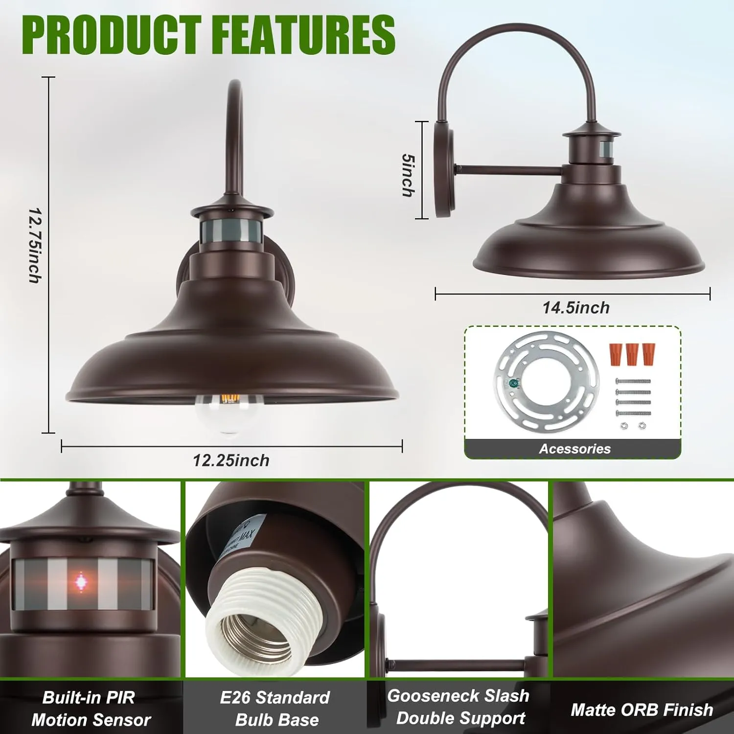 Oil Rubbed Bronze Motion Sensor Outdoor Barn Lights - Dusk to Dawn Farmhouse Gooseneck Barn Light, 12" Porch Light Fixture Wall Mount, Exterior Wall Lighting Fixture for Garage Patio Doorway, 2 Pack