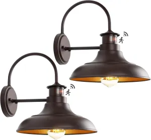 Oil Rubbed Bronze Motion Sensor Outdoor Barn Lights - Dusk to Dawn Farmhouse Gooseneck Barn Light, 12" Porch Light Fixture Wall Mount, Exterior Wall Lighting Fixture for Garage Patio Doorway, 2 Pack