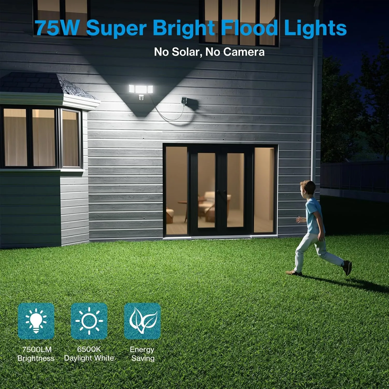Olafus 75W Motion Sensor Outdoor Light Plug in, Motion Flood Light Dusk to Dawn, 7500LM LED Security Light IP65 Waterproof, Motion Activated 6500K PIR Sensor Lighting for Garage Yard Patio Eave, Black