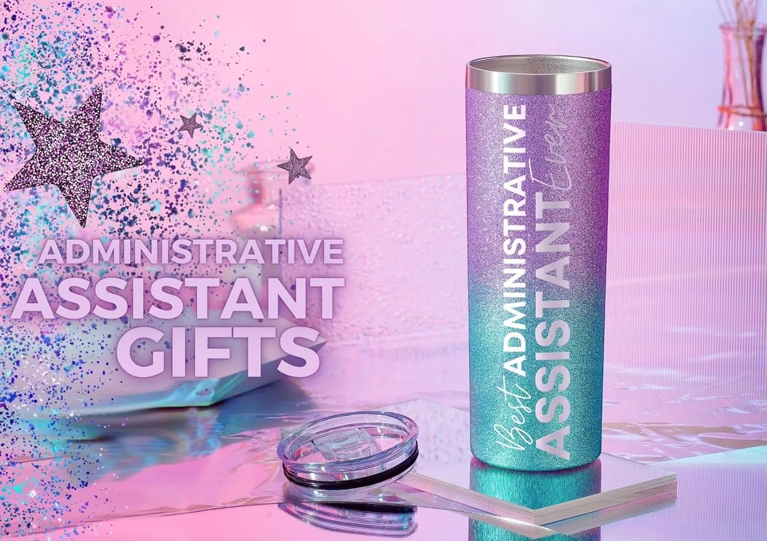 Onebttl Administrative Professional Day Gifts for Administrative Assistant, 20 oz Stainless Steel Glitter Tumbler for Women - Best Administrative Assistant Ever - Blue Purple Gradient Glitter