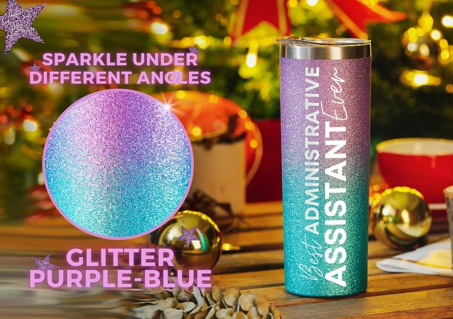 Onebttl Administrative Professional Day Gifts for Administrative Assistant, 20 oz Stainless Steel Glitter Tumbler for Women - Best Administrative Assistant Ever - Blue Purple Gradient Glitter