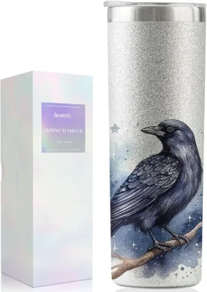 Onebttl Crow Gifts, Raven Gifts, Bird Lover Drinking Cup, Insulated 20 oz Stainless Steel Skinny Tumbler, Silver Glitter