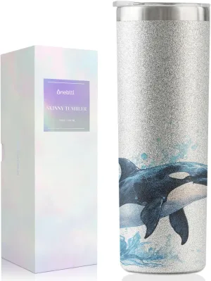 Onebttl Orca Killer Whale Watercolor Style Insulated 20oz Stainless Steel Skinny Tumbler With Straw, Brush, Lid, and Gift Box