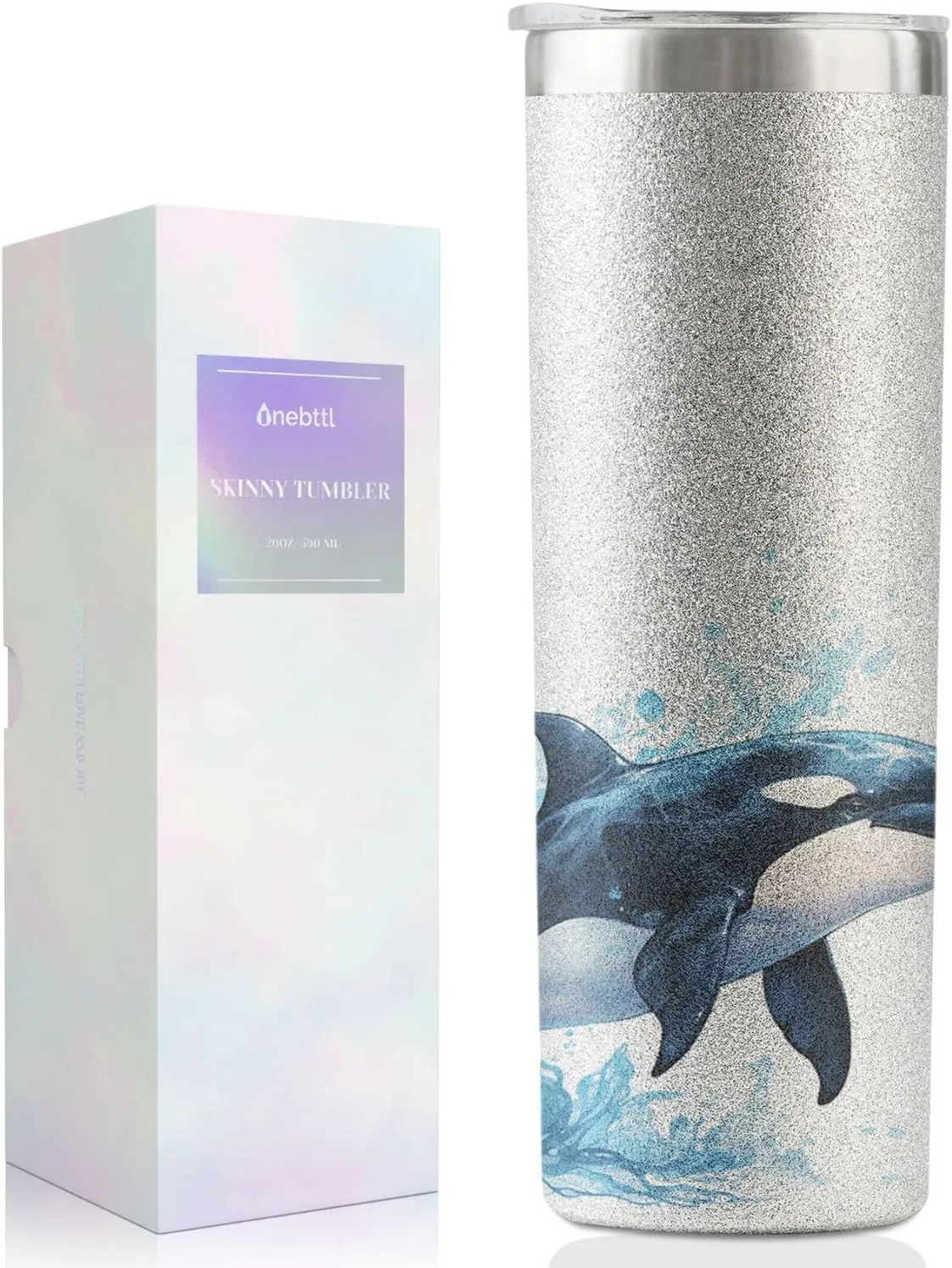 Onebttl Orca Killer Whale Watercolor Style Insulated 20oz Stainless Steel Skinny Tumbler With Straw, Brush, Lid, and Gift Box