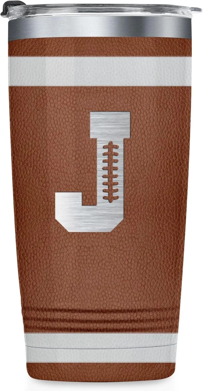 Onebttl Personalized Football Gifts for Teen Boys, Men, Coaches, 20oz Stainless Steel Tumbler with Laser Etched Initials for Football Players, Lovers - J