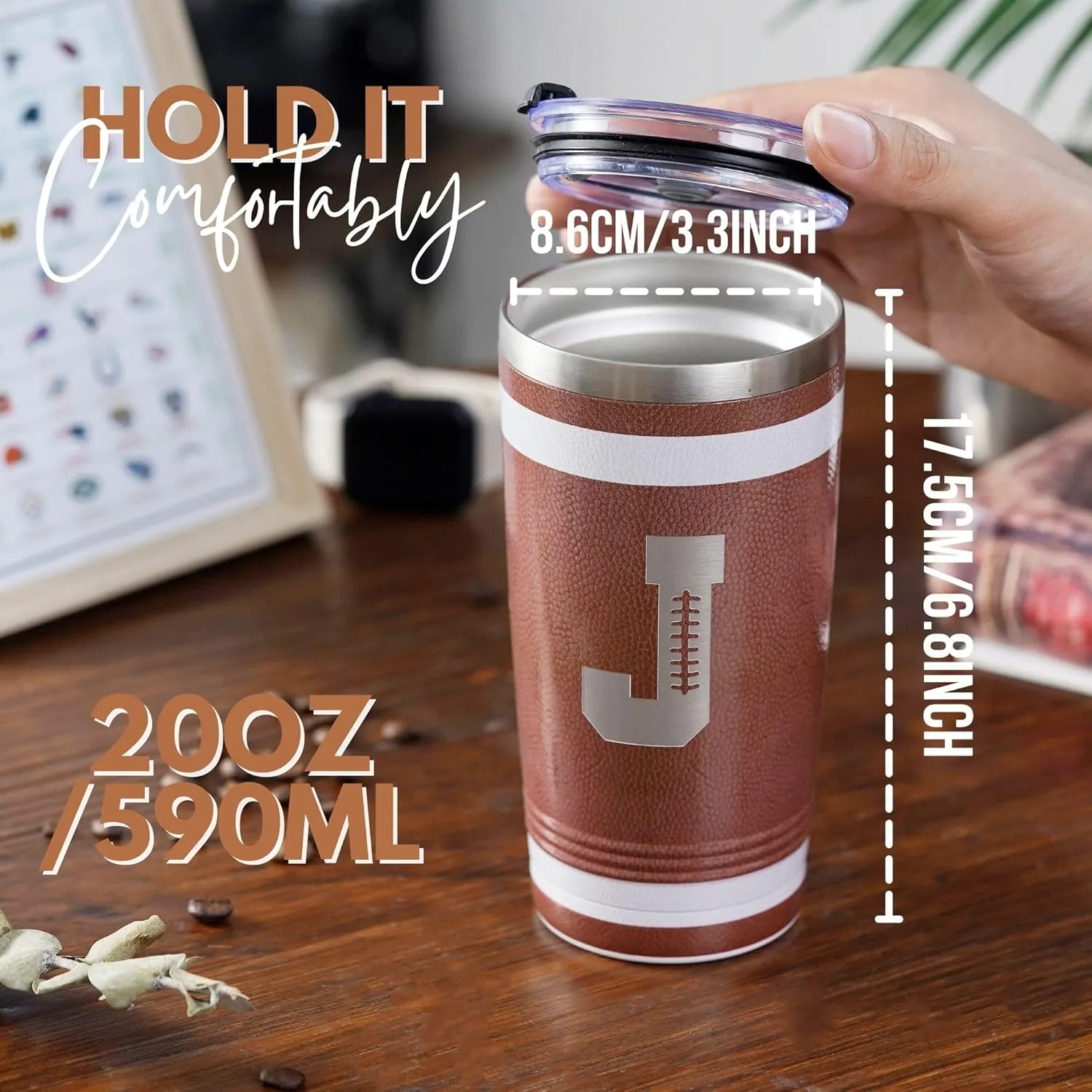 Onebttl Personalized Football Gifts for Teen Boys, Men, Coaches, 20oz Stainless Steel Tumbler with Laser Etched Initials for Football Players, Lovers - J