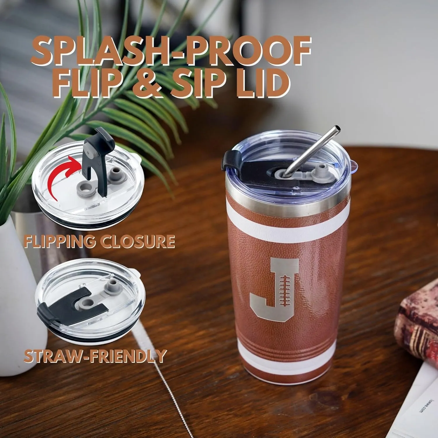 Onebttl Personalized Football Gifts for Teen Boys, Men, Coaches, 20oz Stainless Steel Tumbler with Laser Etched Initials for Football Players, Lovers - J