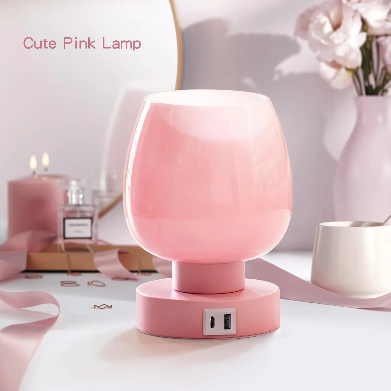 ONEWISH Pink Touch Table Lamp with USB Charging - 3 Way Dimmable Small Lamp for Bedroom, Warm LED Bulb Included, 2 Packs