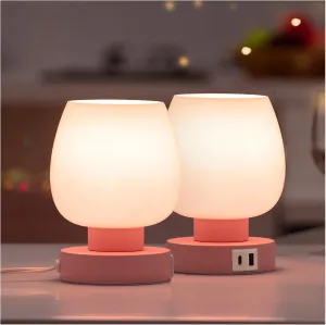 ONEWISH Pink Touch Table Lamp with USB Charging - 3 Way Dimmable Small Lamp for Bedroom, Warm LED Bulb Included, 2 Packs