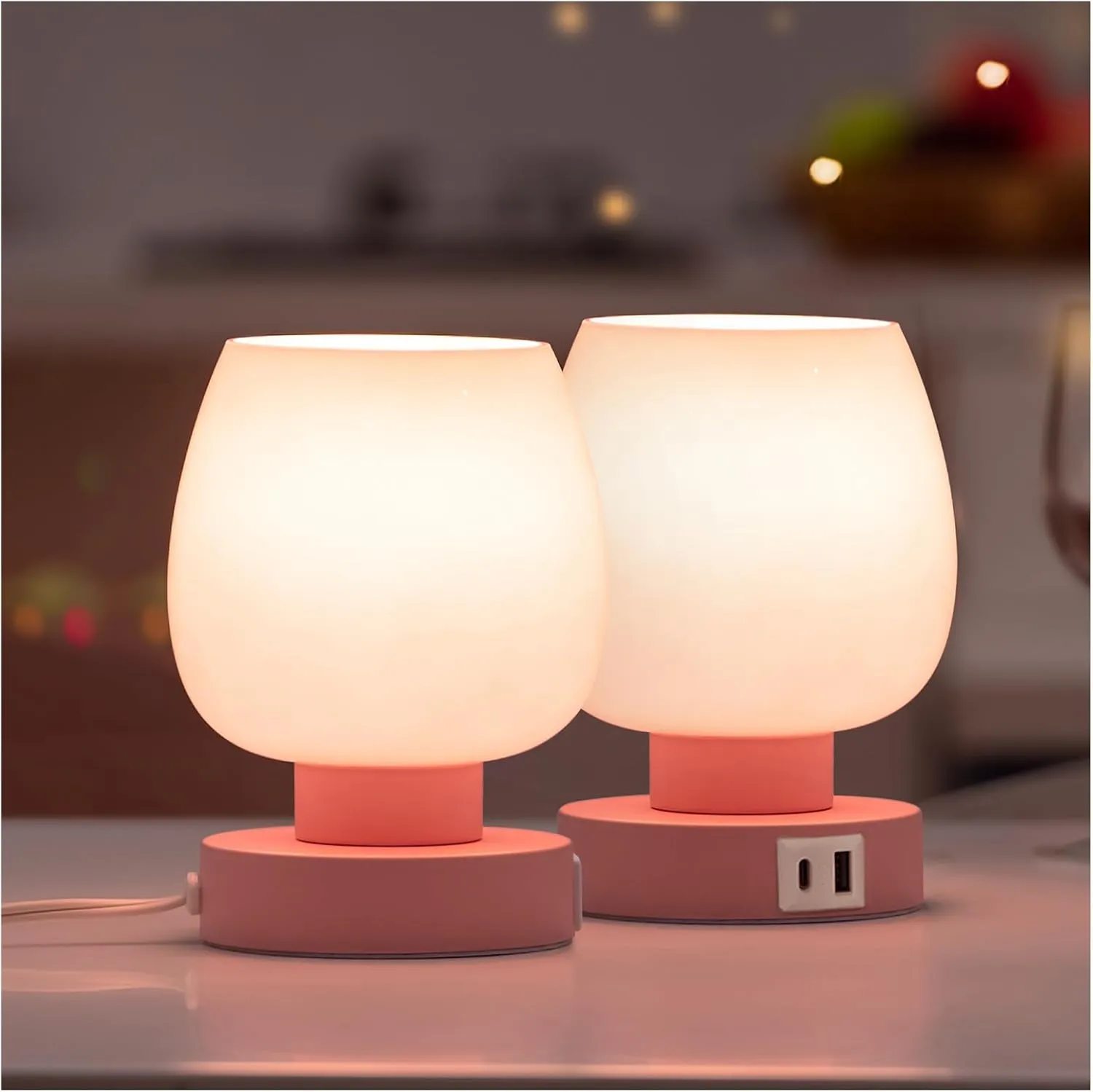 ONEWISH Pink Touch Table Lamp with USB Charging - 3 Way Dimmable Small Lamp for Bedroom, Warm LED Bulb Included, 2 Packs