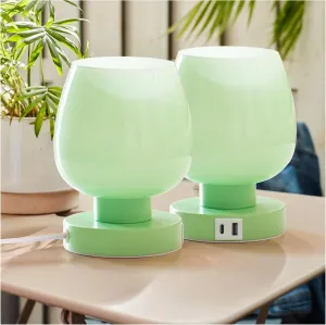 ONEWISH Touch Bedside Table Lamp with USB Charging - 3 Way Dimmable Small Glass Lamp for Bedroom, 2700K LED Bulb Included, Green, 2 Packs