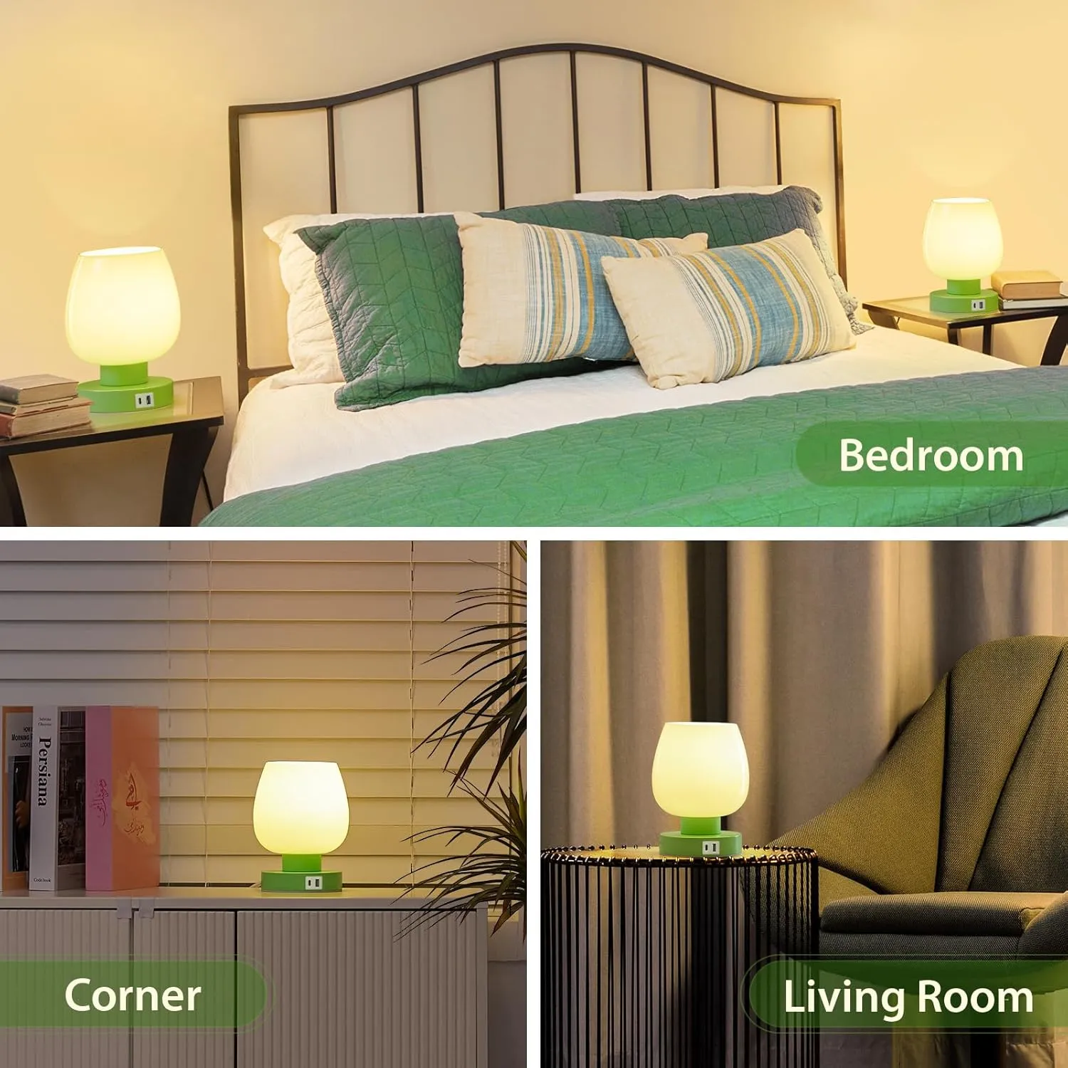 ONEWISH Touch Bedside Table Lamp with USB Charging - 3 Way Dimmable Small Glass Lamp for Bedroom, 2700K LED Bulb Included, Green, 2 Packs