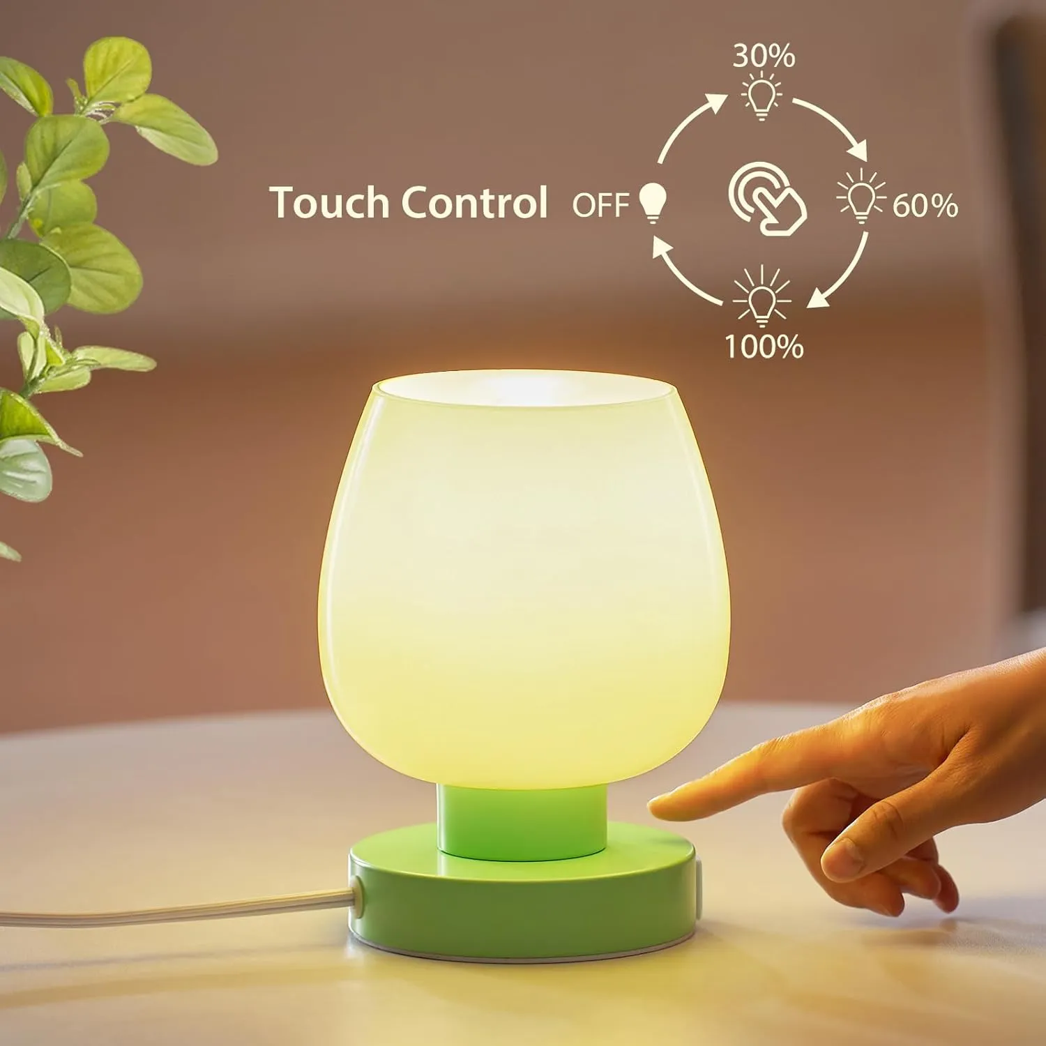 ONEWISH Touch Bedside Table Lamp with USB Charging - 3 Way Dimmable Small Glass Lamp for Bedroom, 2700K LED Bulb Included, Green, 2 Packs