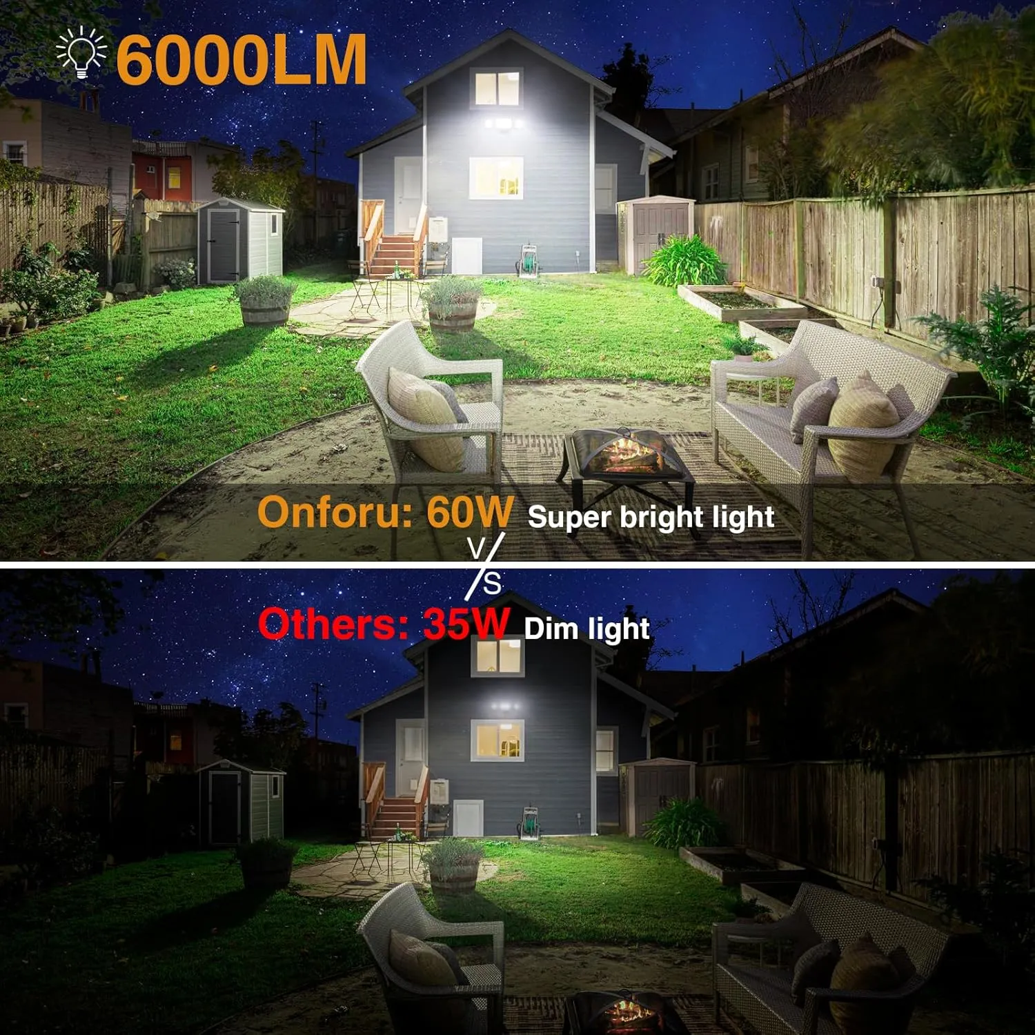 Onforu 60W Flood Lights Outdoor, 6000LM Brightness Security Lights Switch Controlled, 3 Adjustable Heads, IP65 Waterproof, 6500K Wall Mount Exterior LED Flood Light