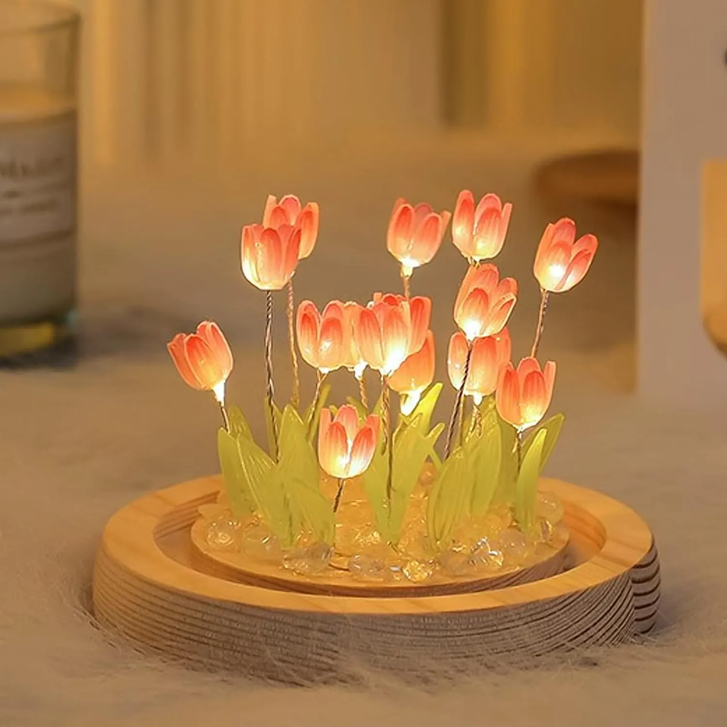 ONXE Birthday Gifts for Women,Tulip Night Light Glass Flower Lamp with Wooden Base for Home Decor Unique Romantic Gifts for Girlfriend Wife