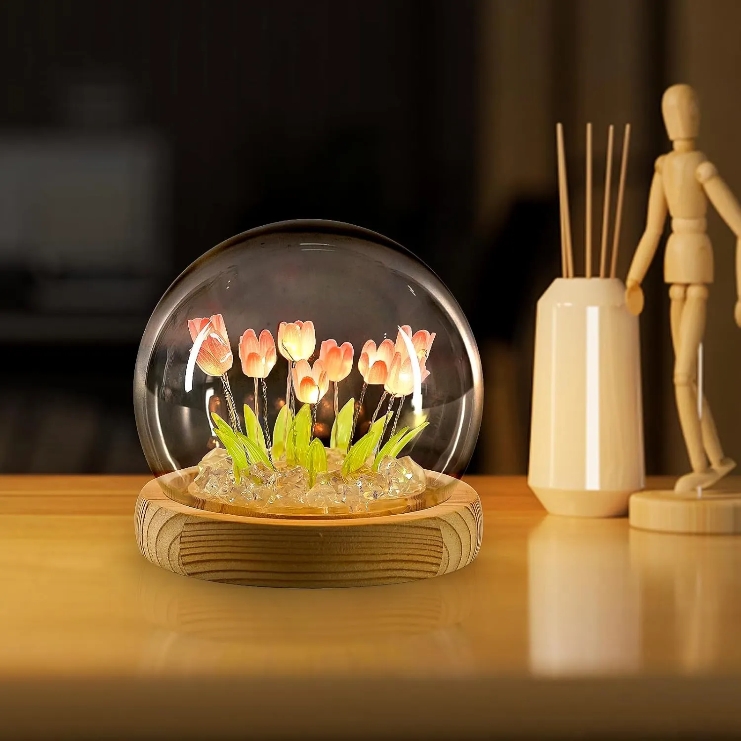 ONXE Birthday Gifts for Women,Tulip Night Light Glass Flower Lamp with Wooden Base for Home Decor Unique Romantic Gifts for Girlfriend Wife