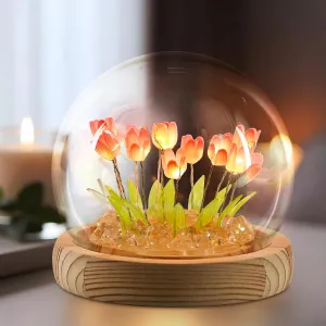 ONXE Birthday Gifts for Women,Tulip Night Light Glass Flower Lamp with Wooden Base for Home Decor Unique Romantic Gifts for Girlfriend Wife