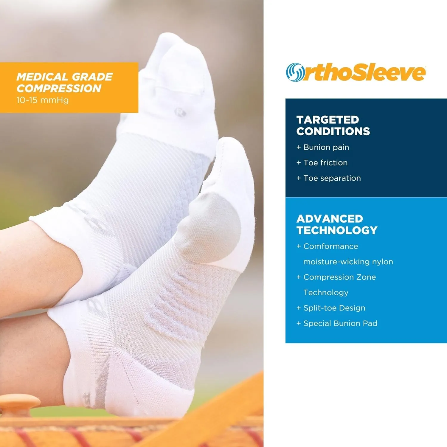 OrthoSleeve Bunion Relief Socks, Patented Split-Toe Design with a Cushioned Bunion Pad Separates Toes, Relieves Bunion Pain and Reduces Toe Friction