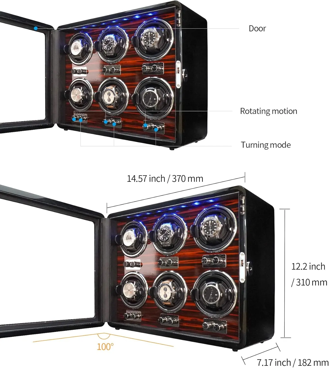 ORYX Watch Winders for 3/6 Automatic Watches Wooden Rotating Watch Box 15 Rotation Modes Setting Display Case with LED Light, AC or USB Powered Super Quiet Mabuchi Motor