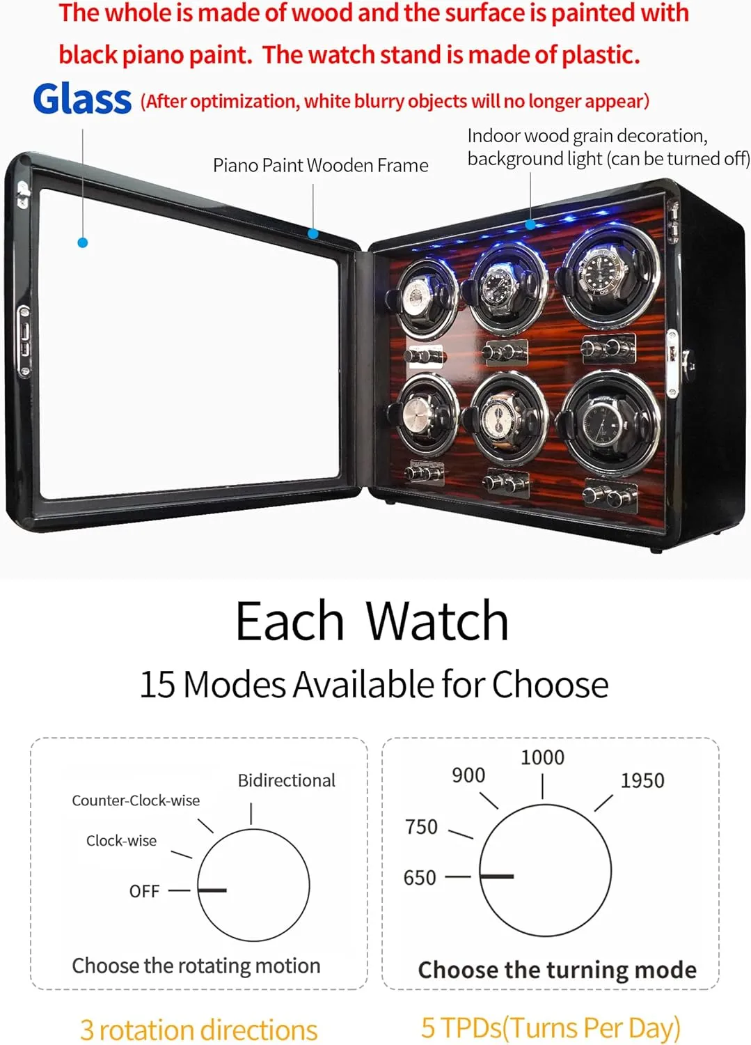 ORYX Watch Winders for 3/6 Automatic Watches Wooden Rotating Watch Box 15 Rotation Modes Setting Display Case with LED Light, AC or USB Powered Super Quiet Mabuchi Motor