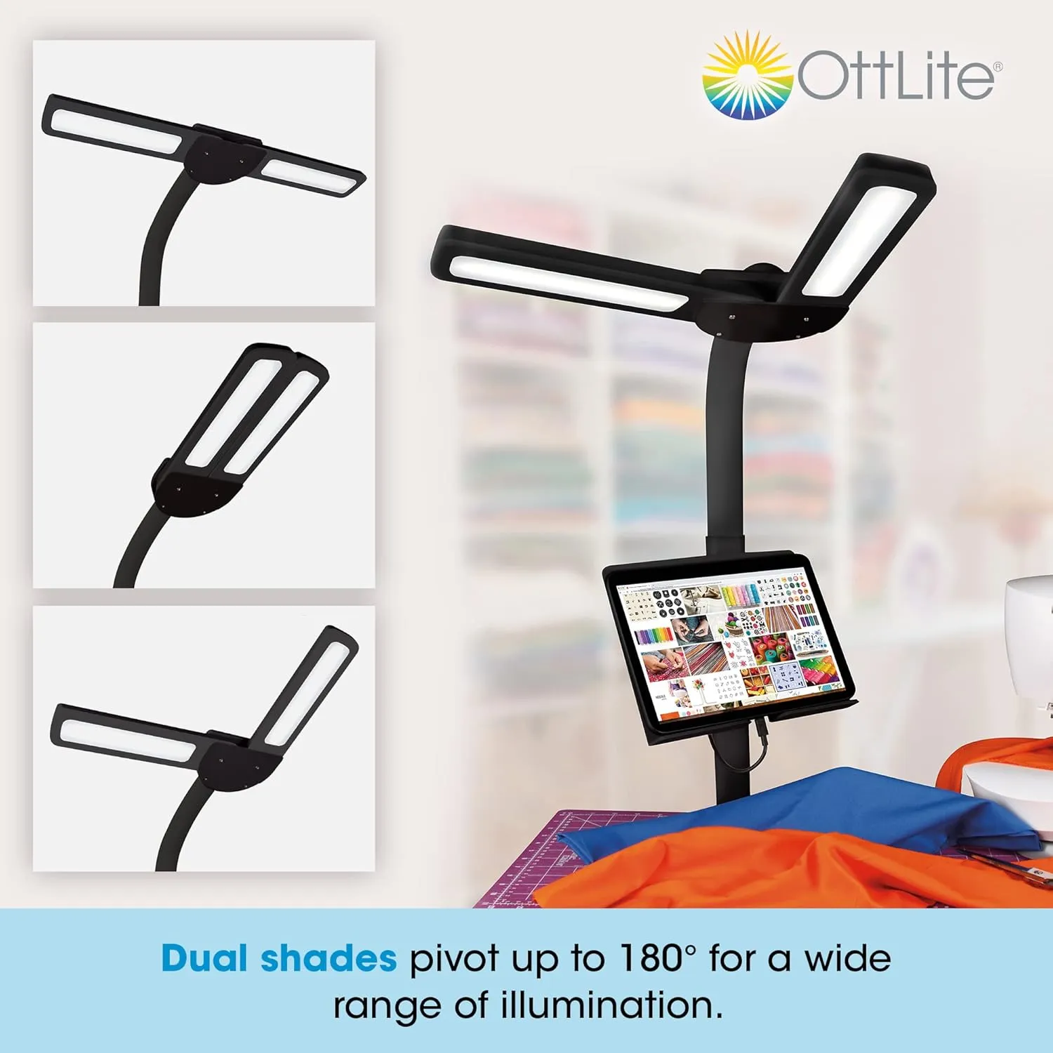 OttLite Dual Shade LED Standing Floor Lamp with Adjustable Stand - Wide Range of Illumination with Built-in 2.1A USB Charging Port and Flexible Neck - 4 Brightness Settings for Reading & Studying
