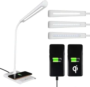 OttLite Power-Up LED Desk Lamp with Wireless Qi Charging & USB Charging Port, with ClearSun LED Technology - Flexible Neck, 3 Brightness Settings, Reduces Eyestrain - Task Lamp for Office & Dorms