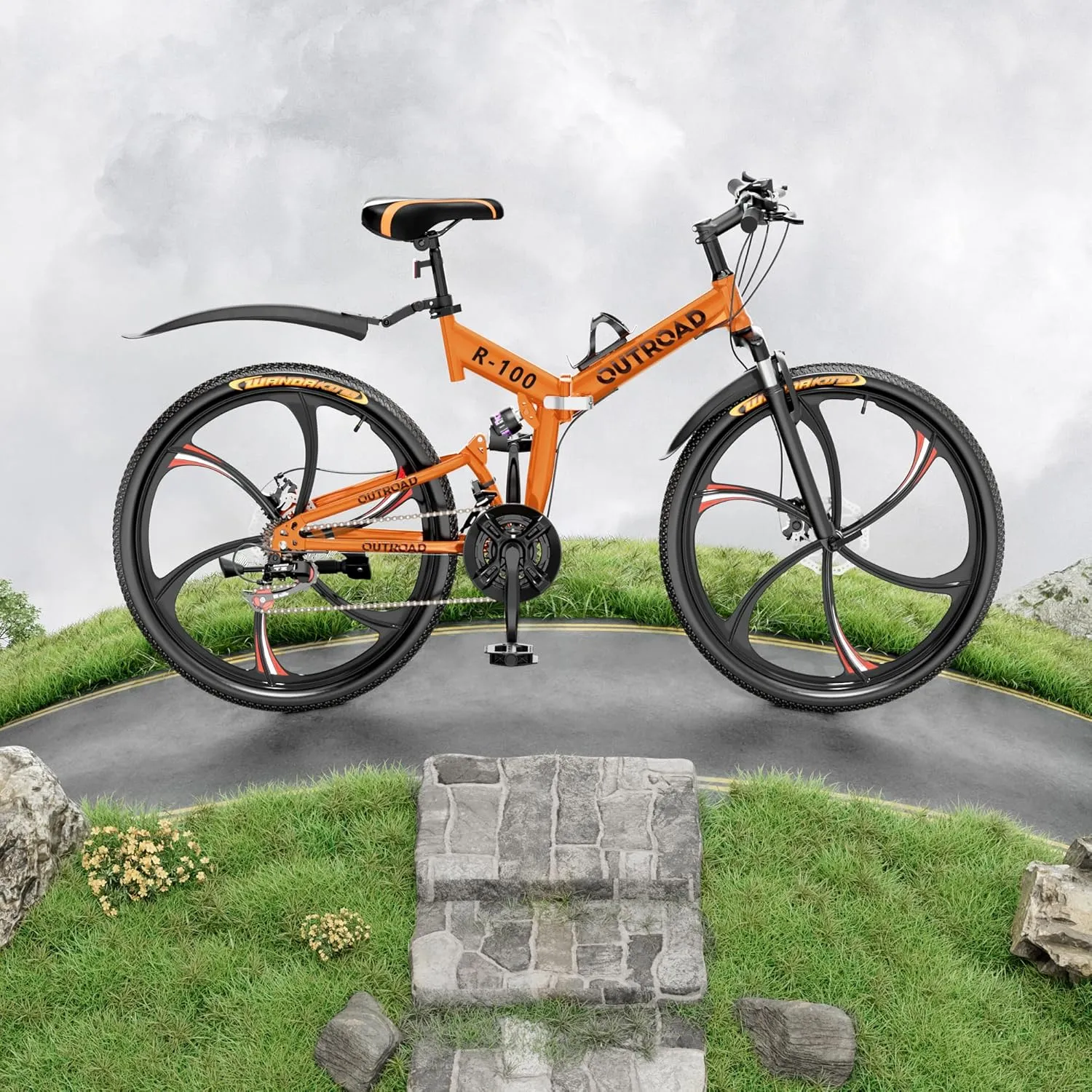 Outroad 26 Inch Folding Mountain Bike, 21 Speed Full Suspension High-Carbon Steel MTB Foldable Bicycle, Dual Disc Brake Non-Slip Folding Bikes for Adults/Men/Women, Black, Orange and Green